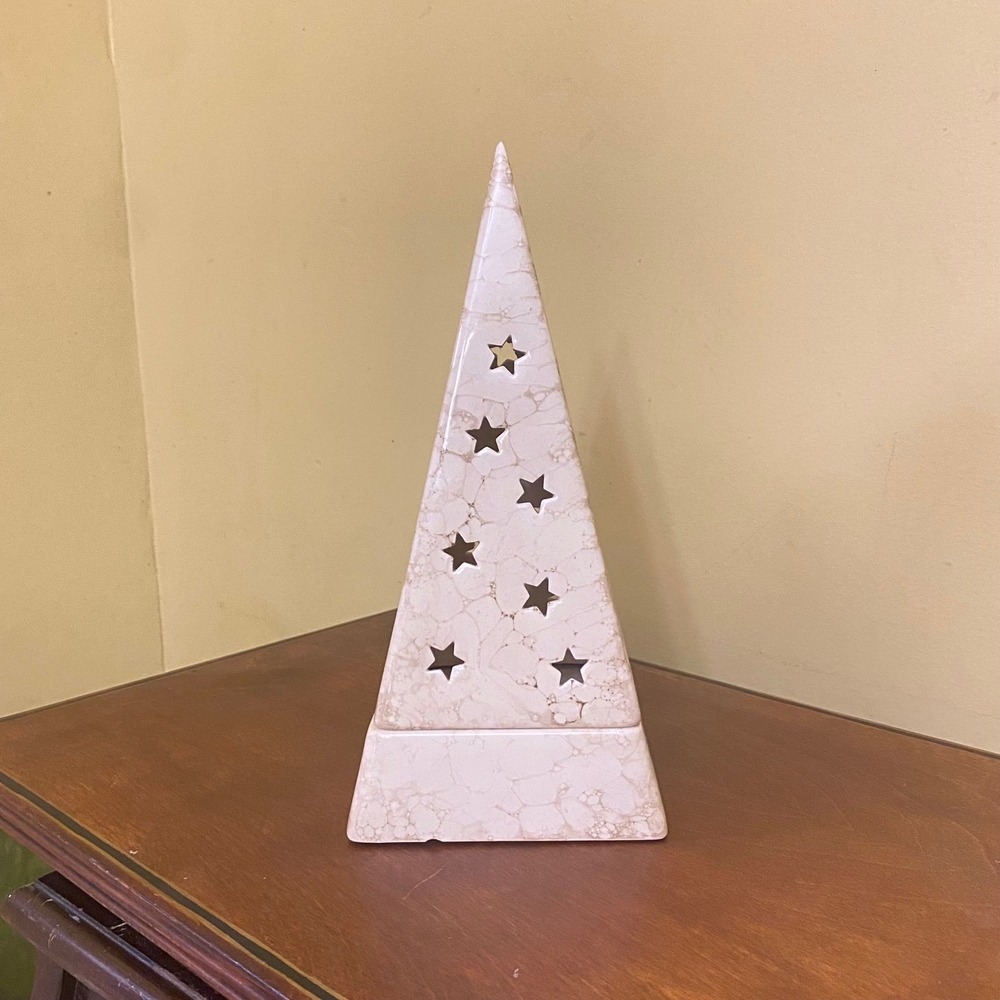 Vintage PartyLite Ceramic Pyramid Lantern Moon Stars Cutout Marble Pattern *chip - Picture 2 of 11
